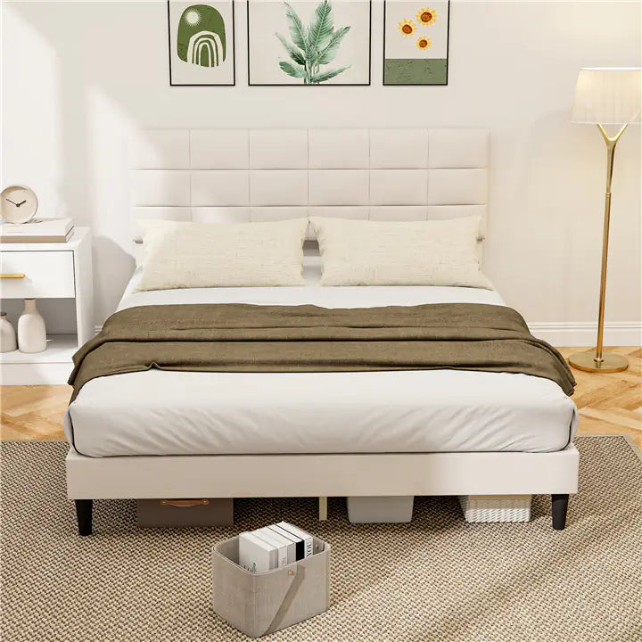 Queen Size Bed Frame with Upholstered Headboard