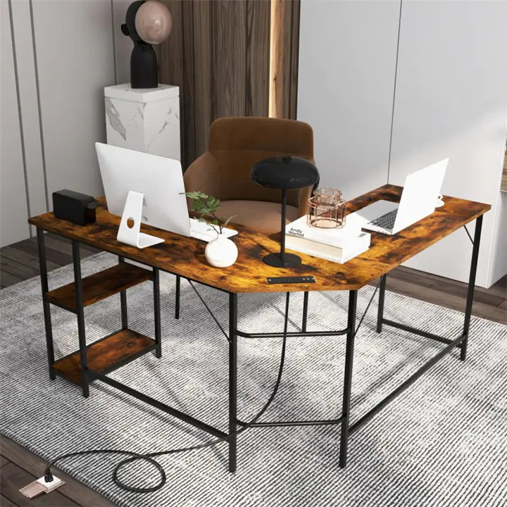 L Shaped Computer Desk with 2 Outlets and 2 USB Ports