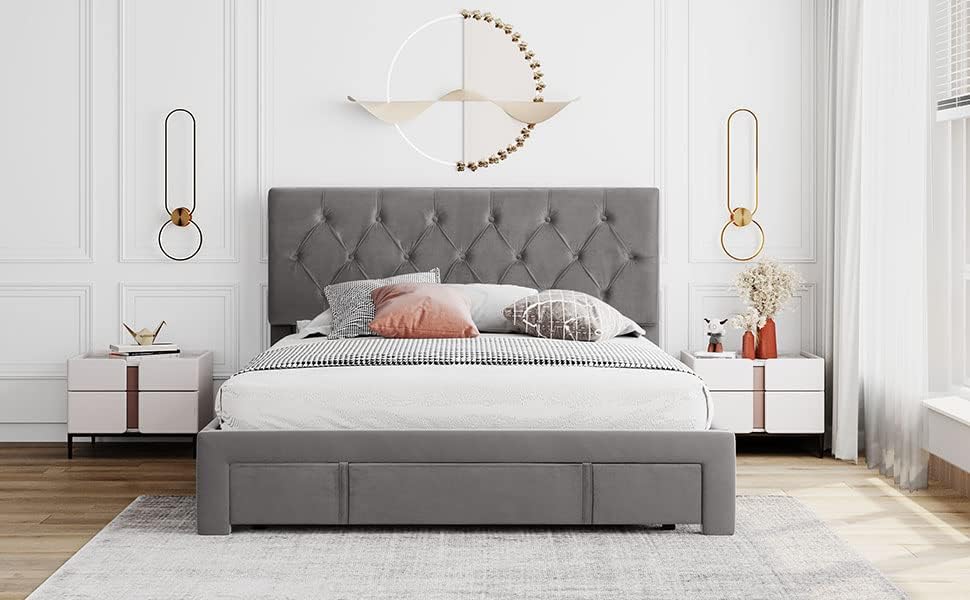 Bed Frame Grey Queen Size Storage Bed - Velvet Upholstered Platform Bed with Big Drawer,Bed Frame