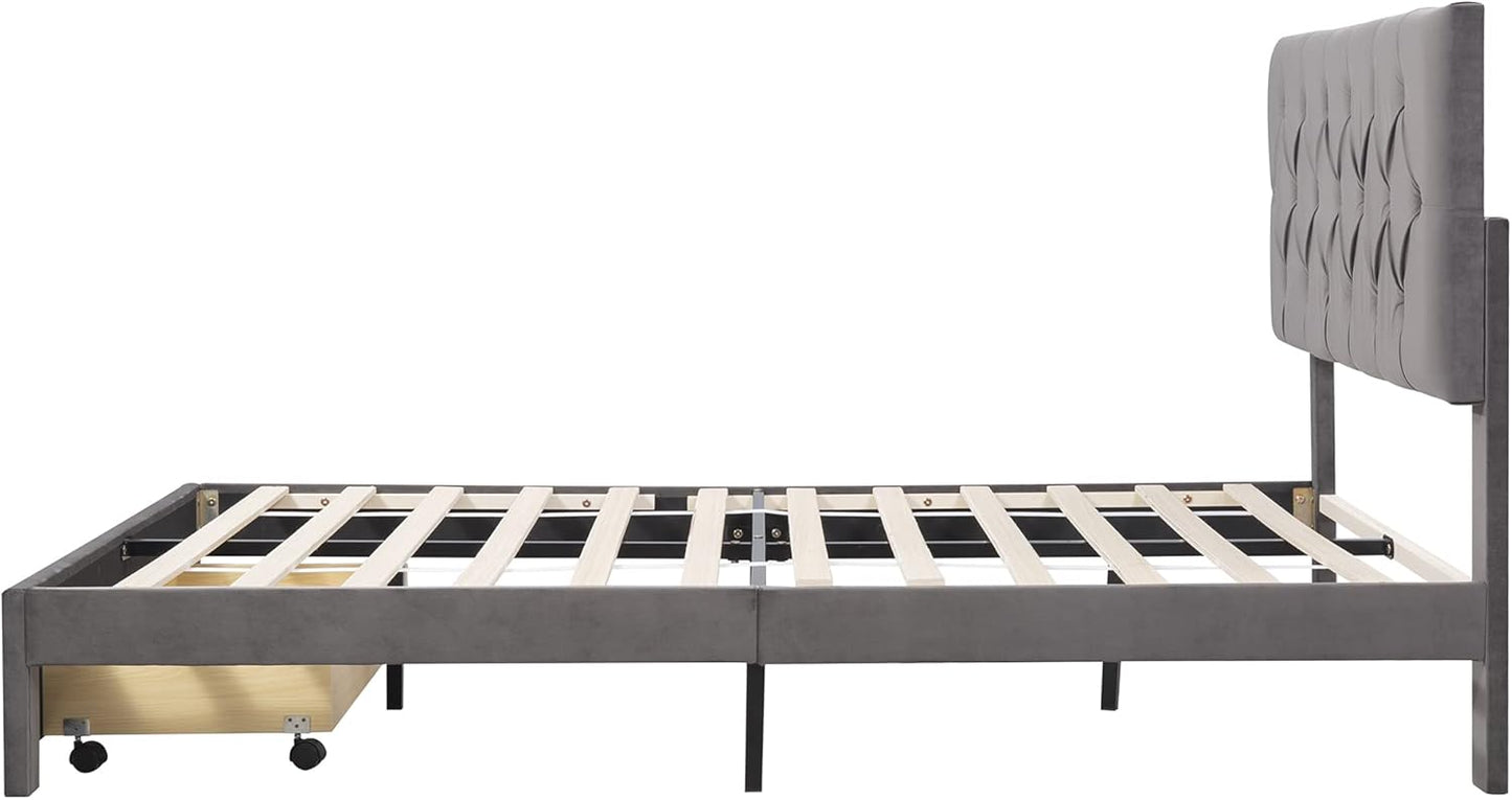 Bed Frame Grey Queen Size Storage Bed - Velvet Upholstered Platform Bed with Big Drawer,Bed Frame