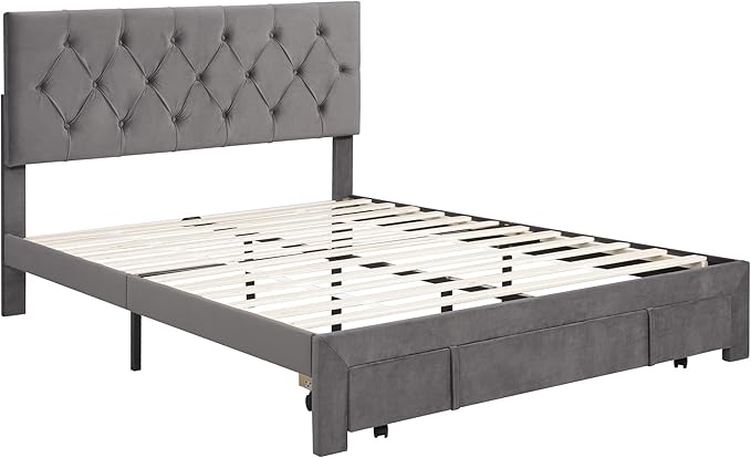 Bed Frame Grey Queen Size Storage Bed - Velvet Upholstered Platform Bed with Big Drawer,Bed Frame