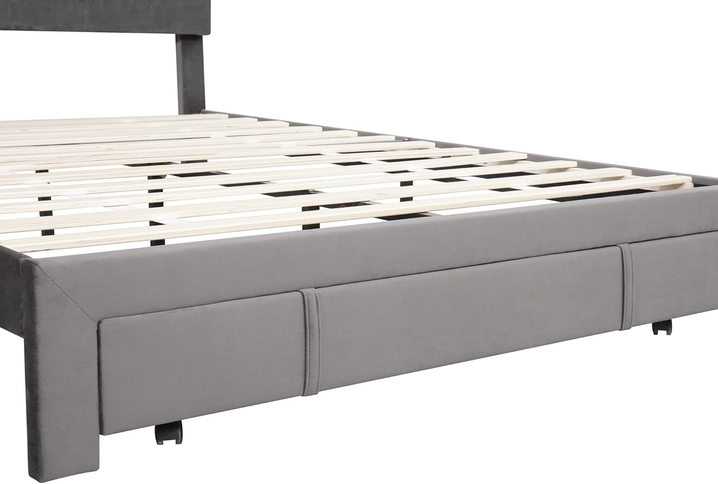 Bed Frame Grey Queen Size Storage Bed - Velvet Upholstered Platform Bed with Big Drawer,Bed Frame