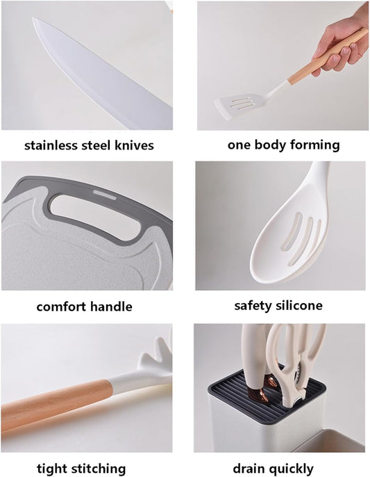 19 Piece Silicone Kitchenware Utensil Set Silicone Kitchen Utensils Set Heat Resistant Non-Stick Cooking Tool with Wooden Handles Silicone Cookware Set