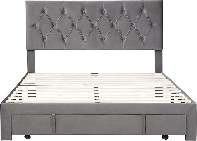 Bed Frame Grey Queen Size Storage Bed - Velvet Upholstered Platform Bed with Big Drawer,Bed Frame
