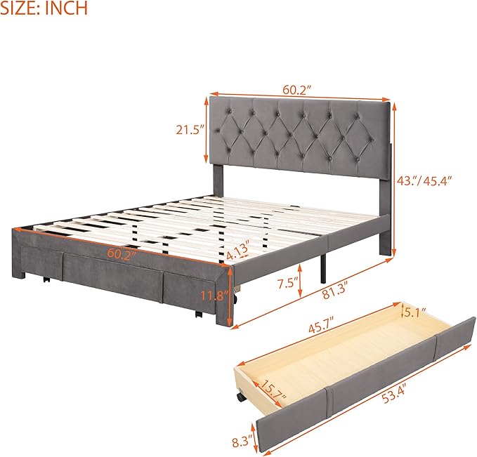 Bed Frame Grey Queen Size Storage Bed - Velvet Upholstered Platform Bed with Big Drawer,Bed Frame