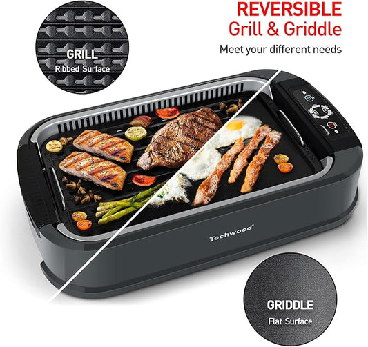 Techwood Indoor Grill Smokeless Grill, 1500W Indoor Korean BBQ Electric Tabletop Grill with Tempered Glass Lid, Removable Grill and Griddle Plates with Drip Tray, Gray