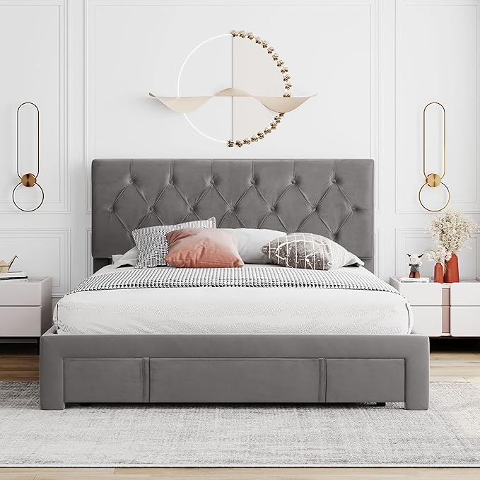 Bed Frame Grey Queen Size Storage Bed - Velvet Upholstered Platform Bed with Big Drawer,Bed Frame