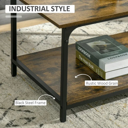 Industrial 2-tier Coffee Table with Storage Shelf, Rustic Brown, Wood Look Accent Furniture with Metal Frame