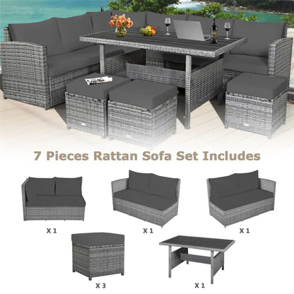 7-PC Patio Wicker Sectional Dining Set - Gray