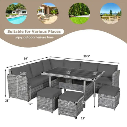 7-PC Patio Wicker Sectional Dining Set - Gray