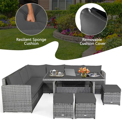 7-PC Patio Wicker Sectional Dining Set - Gray