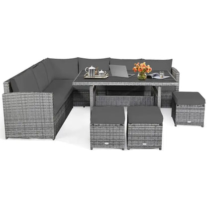7-PC Patio Wicker Sectional Dining Set - Gray
