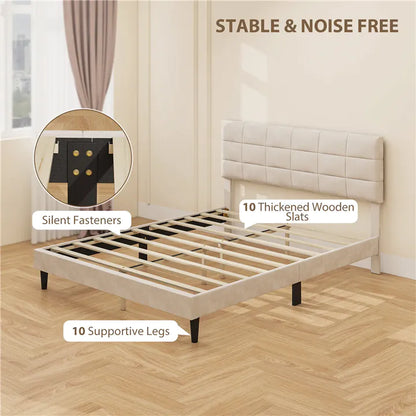 Queen Size Bed Frame with Upholstered Headboard