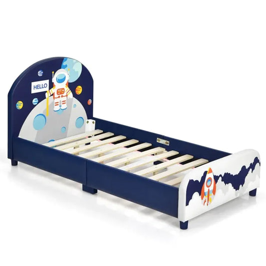Kids Rocket Style Upholstered Platform Bed Frame