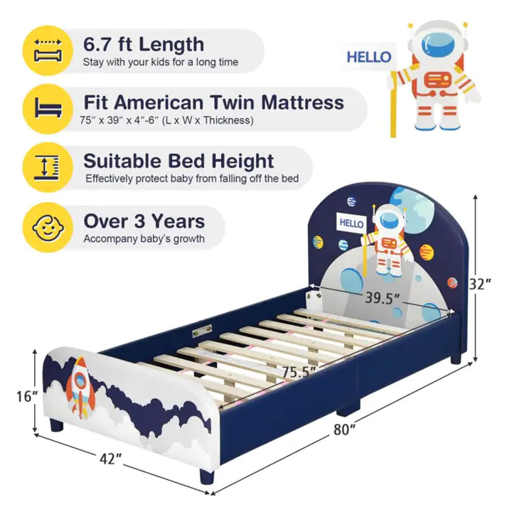 Kids Rocket Style Upholstered Platform Bed Frame
