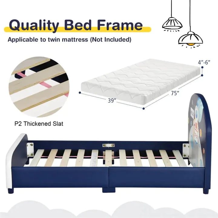 Kids Rocket Style Upholstered Platform Bed Frame