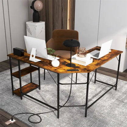 L Shaped Computer Desk with 2 Outlets and 2 USB Ports