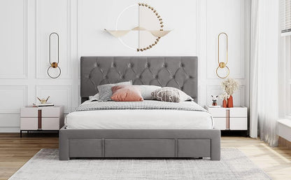 Bed Frame Grey Queen Size Storage Bed - Velvet Upholstered Platform Bed with Big Drawer,Bed Frame