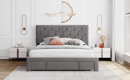 Bed Frame Grey Queen Size Storage Bed - Velvet Upholstered Platform Bed with Big Drawer,Bed Frame