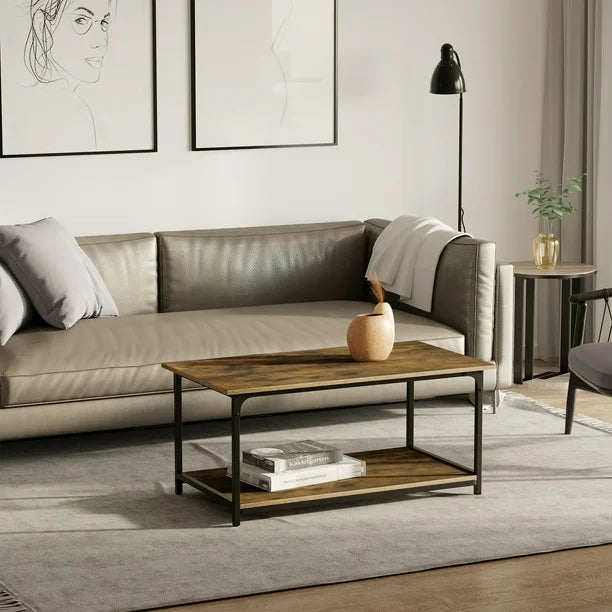 Industrial 2-tier Coffee Table with Storage Shelf, Rustic Brown, Wood Look Accent Furniture with Metal Frame