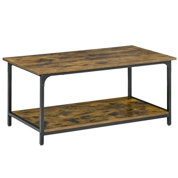 Industrial 2-tier Coffee Table with Storage Shelf, Rustic Brown, Wood Look Accent Furniture with Metal Frame