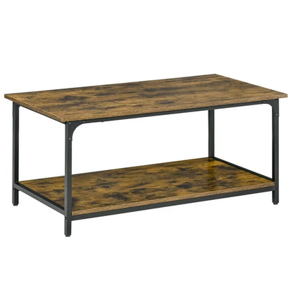 Industrial 2-tier Coffee Table with Storage Shelf, Rustic Brown, Wood Look Accent Furniture with Metal Frame