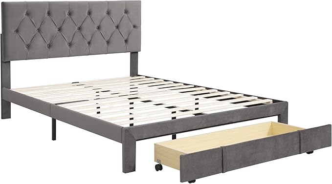 Bed Frame Grey Queen Size Storage Bed - Velvet Upholstered Platform Bed with Big Drawer,Bed Frame