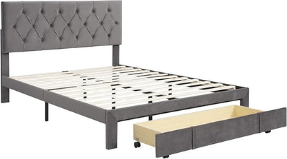 Bed Frame Grey Queen Size Storage Bed - Velvet Upholstered Platform Bed with Big Drawer,Bed Frame