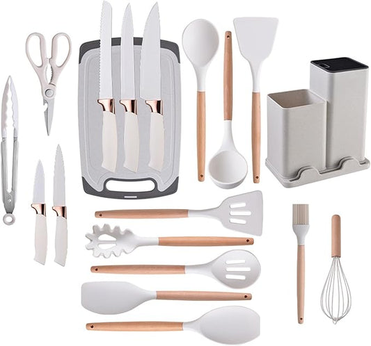 19 Piece Silicone Kitchenware Utensil Set Silicone Kitchen Utensils Set Heat Resistant Non-Stick Cooking Tool with Wooden Handles Silicone Cookware Set