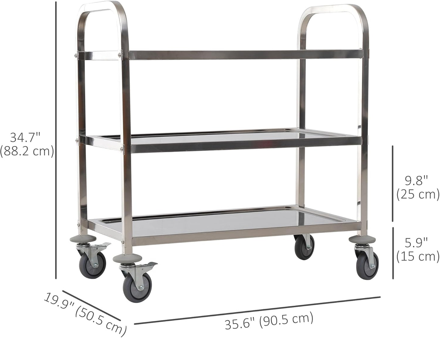 36" 3-Tier Kitchen Trolley Medical Treatment Laboratory Equipment Carts, Stainless Steel Rolling Kitchen Island, Wheeled Storage Utility Serving Cart, 330LBS Heavy Gauge