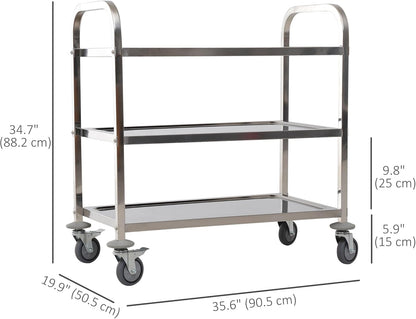 36" 3-Tier Kitchen Trolley Medical Treatment Laboratory Equipment Carts, Stainless Steel Rolling Kitchen Island, Wheeled Storage Utility Serving Cart, 330LBS Heavy Gauge