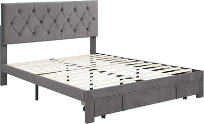 Bed Frame Grey Queen Size Storage Bed - Velvet Upholstered Platform Bed with Big Drawer,Bed Frame