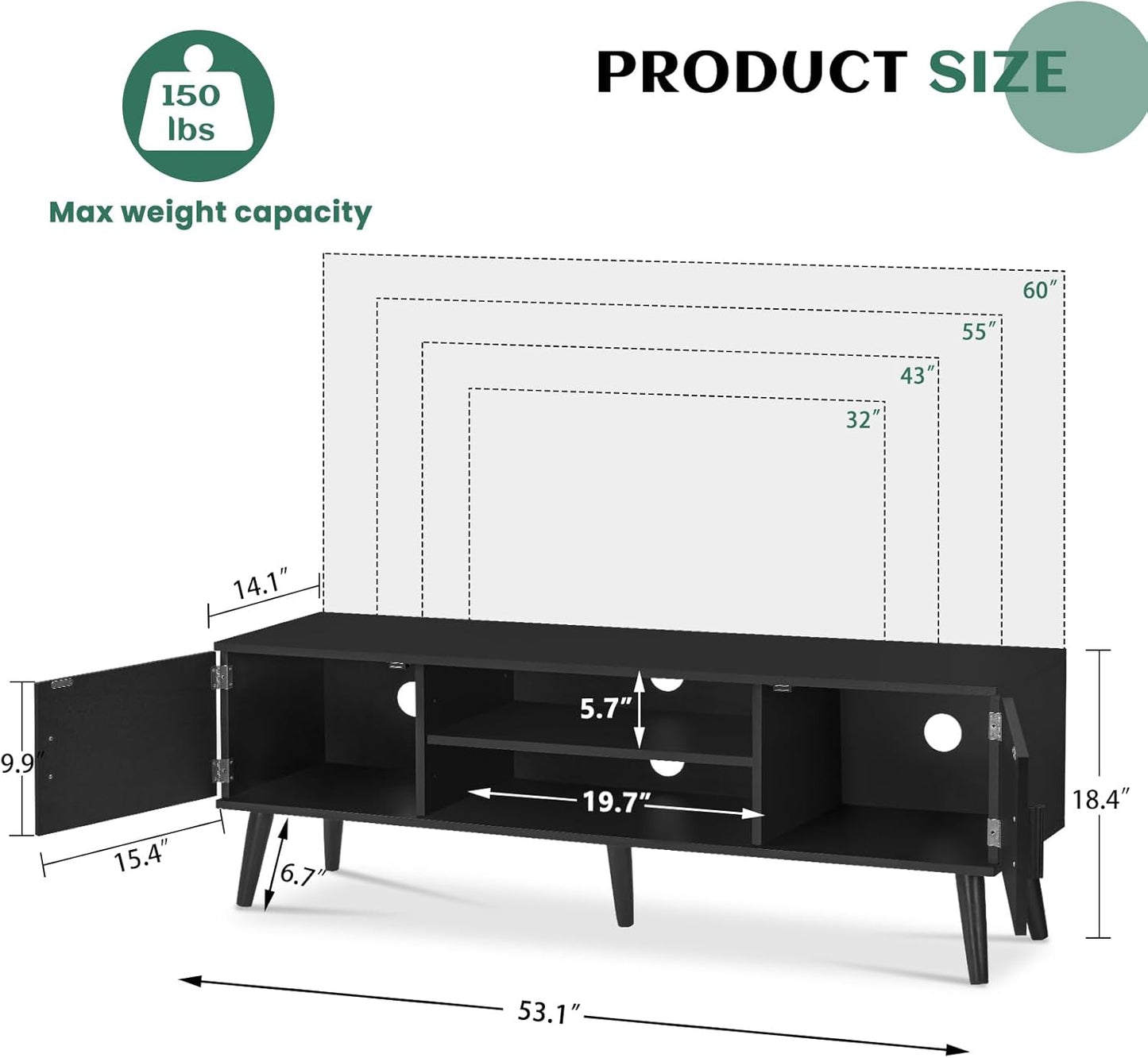 TV Stand for 60 Inch TV, TV Bench, Entertainment Center TV Console with 2 Storage Cabinets and Shelves, Media Console for Living Room, Bedroom, Black