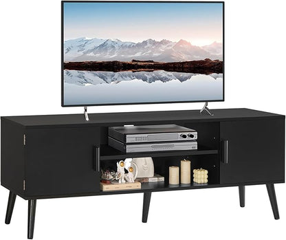 TV Stand for 60 Inch TV, TV Bench, Entertainment Center TV Console with 2 Storage Cabinets and Shelves, Media Console for Living Room, Bedroom, Black