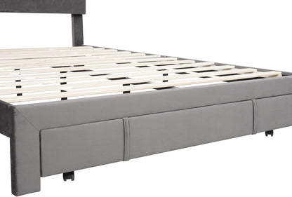 Bed Frame Grey Queen Size Storage Bed - Velvet Upholstered Platform Bed with Big Drawer,Bed Frame