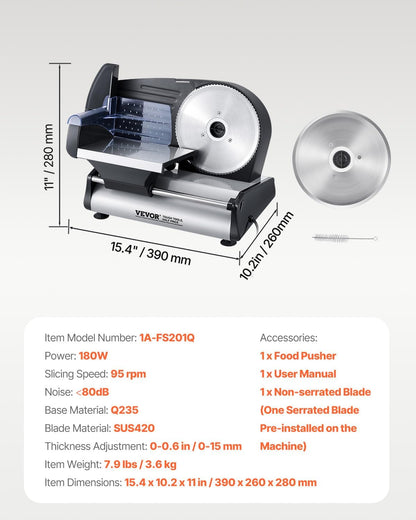 VEVOR Meat Slicer, 7.5 inch Electric Deli Food Slicer, 180W Meat Cutter with Two Premium SUS420 Blades, 0-0.6 inch Adjustable Thickness, Food Slicer Machine for Meat, Hard Bread and Cheese, Home Use