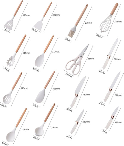 19 Piece Silicone Kitchenware Utensil Set Silicone Kitchen Utensils Set Heat Resistant Non-Stick Cooking Tool with Wooden Handles Silicone Cookware Set
