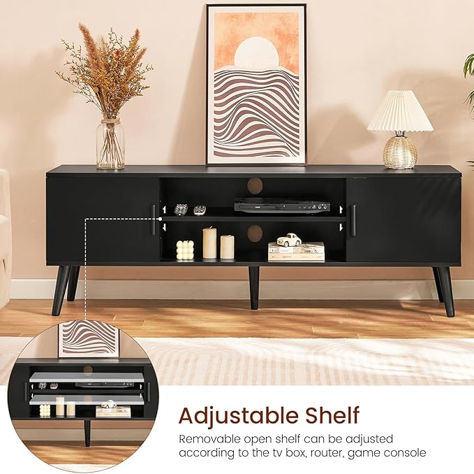 TV Stand for 60 Inch TV, TV Bench, Entertainment Center TV Console with 2 Storage Cabinets and Shelves, Media Console for Living Room, Bedroom, Black