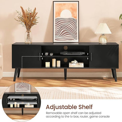 TV Stand for 60 Inch TV, TV Bench, Entertainment Center TV Console with 2 Storage Cabinets and Shelves, Media Console for Living Room, Bedroom, Black