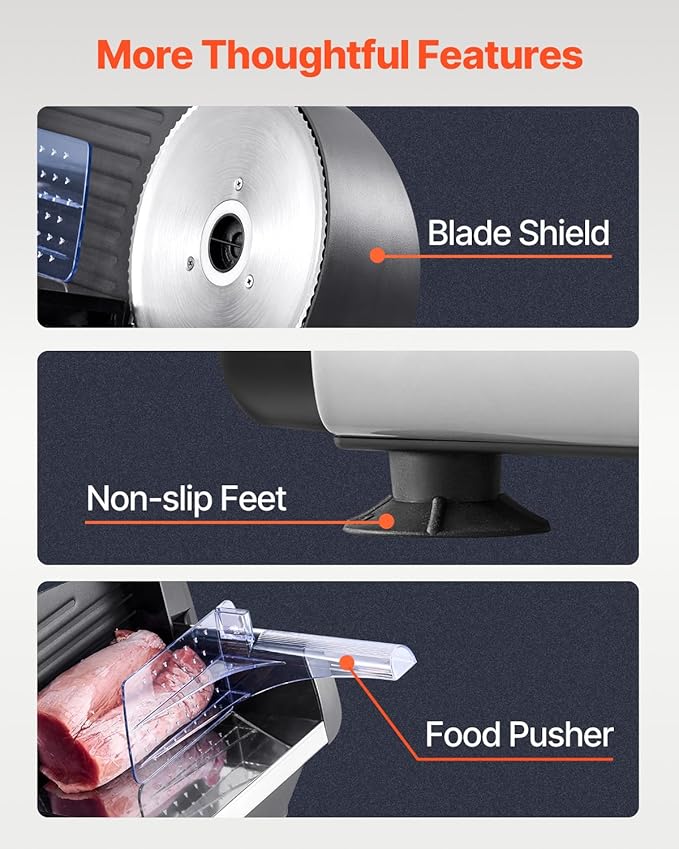 VEVOR Meat Slicer, 7.5 inch Electric Deli Food Slicer, 180W Meat Cutter with Two Premium SUS420 Blades, 0-0.6 inch Adjustable Thickness, Food Slicer Machine for Meat, Hard Bread and Cheese, Home Use