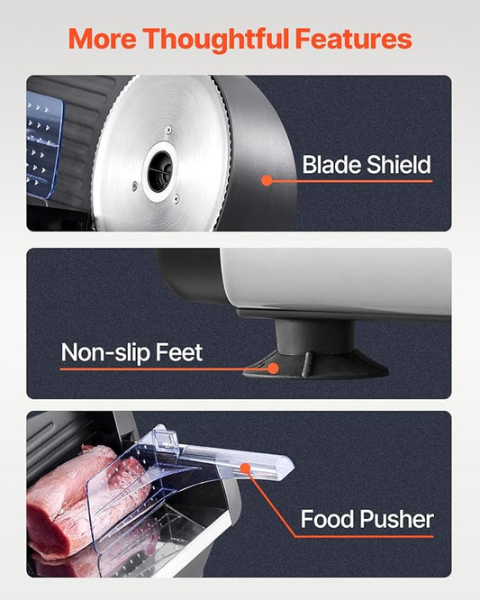 VEVOR Meat Slicer, 7.5 inch Electric Deli Food Slicer, 180W Meat Cutter with Two Premium SUS420 Blades, 0-0.6 inch Adjustable Thickness, Food Slicer Machine for Meat, Hard Bread and Cheese, Home Use