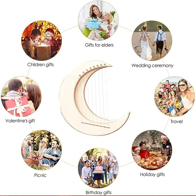 Lyre Harp 8/11 String Moon Shape Mahogany Harp Ornament, Portable Musical Stringed Instrument for Adult Children and Beginner, Gift Lira Arpa with Tuning Wrench, Pick, Strings and Bag