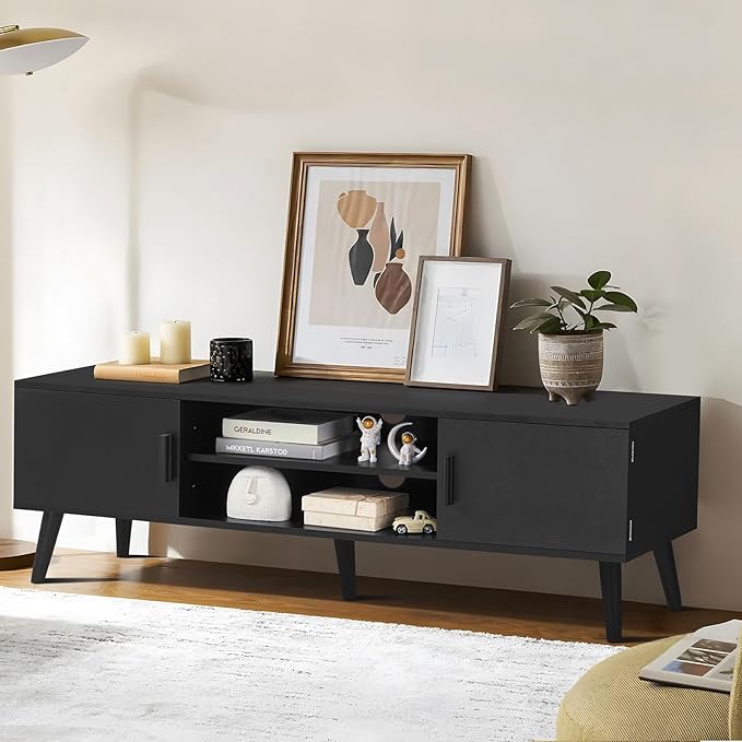 TV Stand for 60 Inch TV, TV Bench, Entertainment Center TV Console with 2 Storage Cabinets and Shelves, Media Console for Living Room, Bedroom, Black
