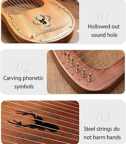 TTOBHF Lyre Harp 16/21/24 String Metal String Lyre, Professional Lap Harp Musical Instrument for Adult Beginner Music Amateurs(16-string-boarded-brown)