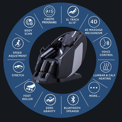 4D Massage Chair Full Body Massage Chair with Zero Gravity, Extended Footrest, SL Track, Yoga Stretch, Foot Rollers, and Heating Comfort with Mat & Cover (Black)