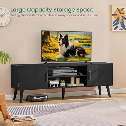 TV Stand for 60 Inch TV, TV Bench, Entertainment Center TV Console with 2 Storage Cabinets and Shelves, Media Console for Living Room, Bedroom, Black