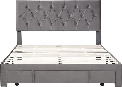 Bed Frame Grey Queen Size Storage Bed - Velvet Upholstered Platform Bed with Big Drawer,Bed Frame