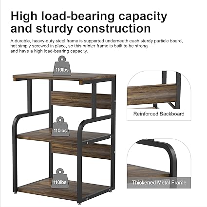 Large Printer Stand with 3-Tier Wood Storage Shelves -Multi-Purpose Desk Organizer- for Printer Scanner Fax Home Office Use with Wheels (Rustic Brown)
