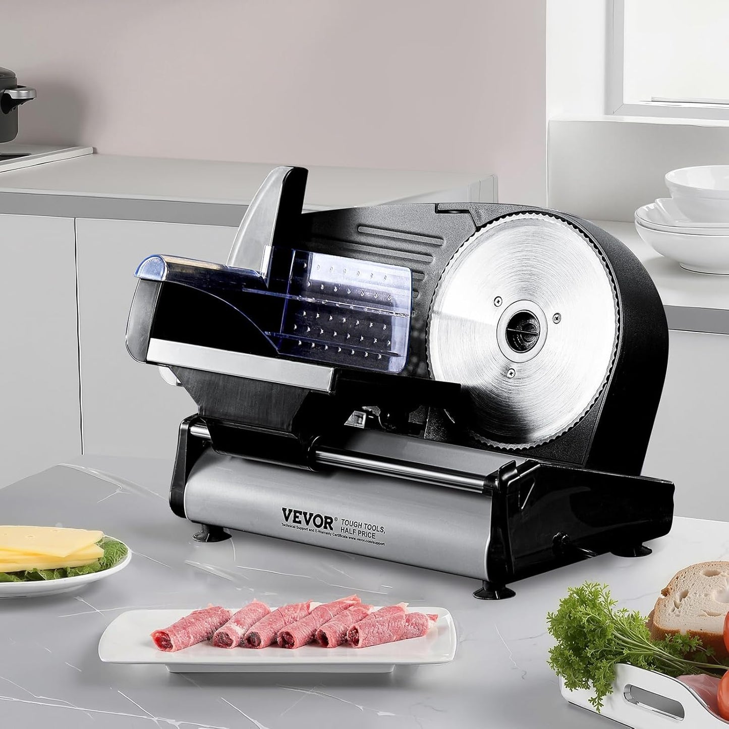 VEVOR Meat Slicer, 7.5 inch Electric Deli Food Slicer, 180W Meat Cutter with Two Premium SUS420 Blades, 0-0.6 inch Adjustable Thickness, Food Slicer Machine for Meat, Hard Bread and Cheese, Home Use