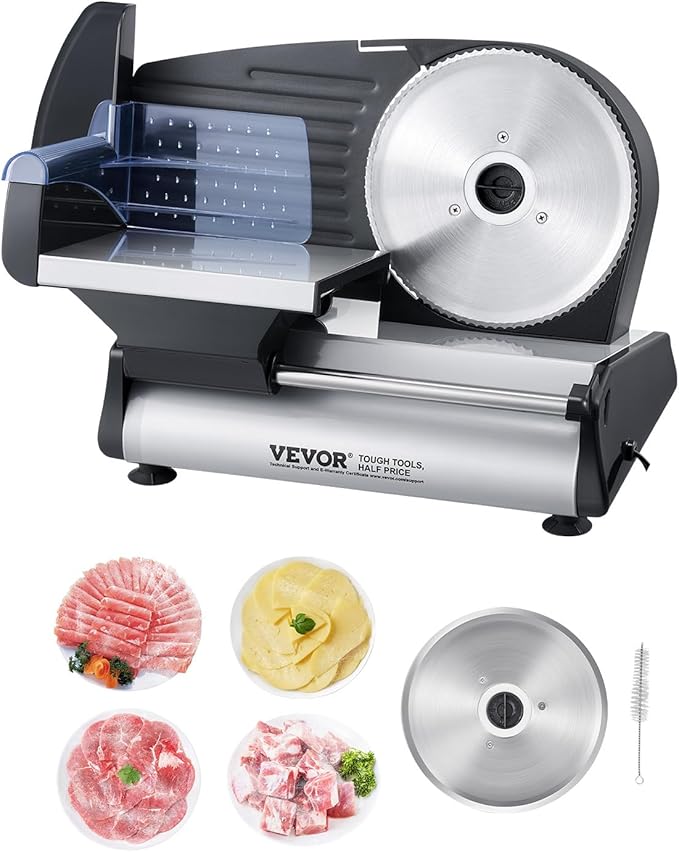 VEVOR Meat Slicer, 7.5 inch Electric Deli Food Slicer, 180W Meat Cutter with Two Premium SUS420 Blades, 0-0.6 inch Adjustable Thickness, Food Slicer Machine for Meat, Hard Bread and Cheese, Home Use